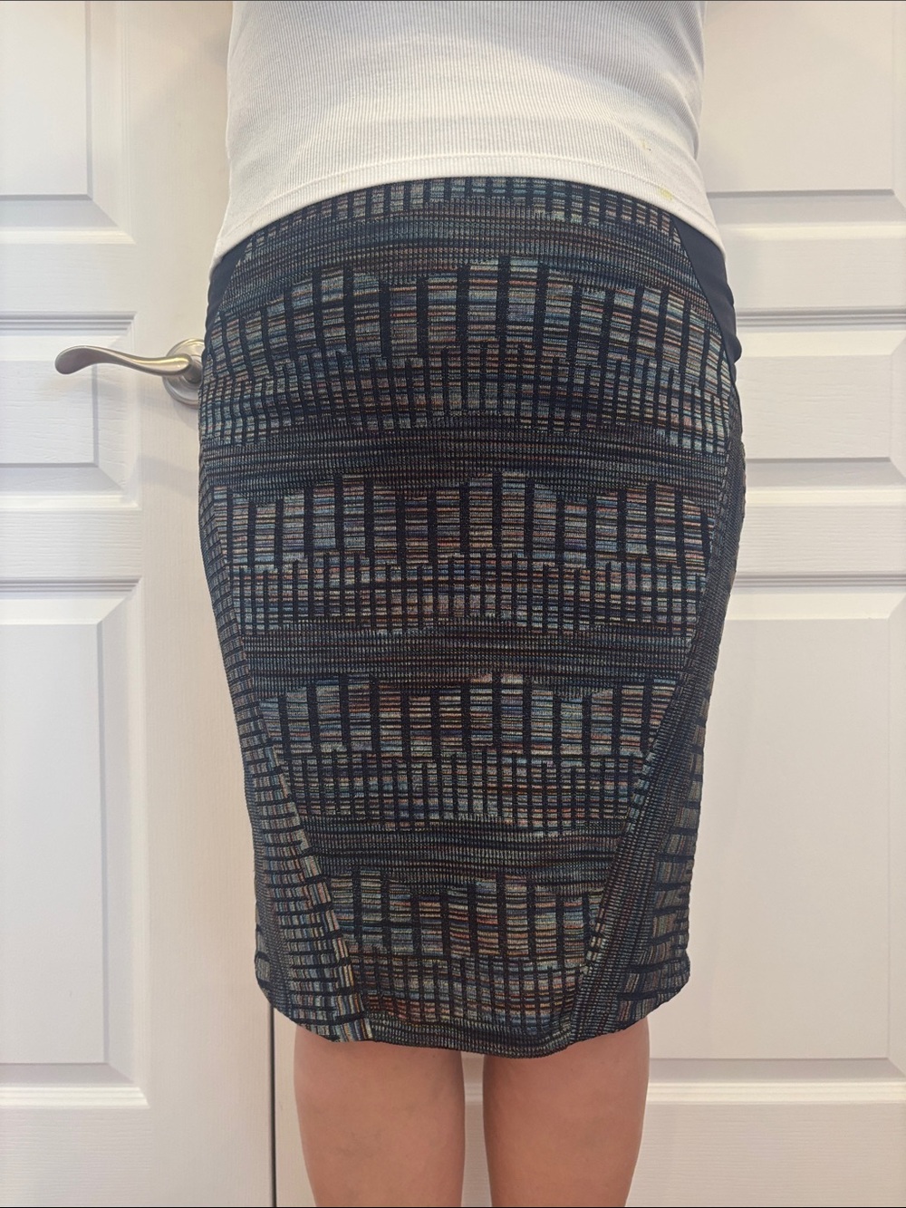 Matty M Black Multi-Blue Pattern Pencil Skirt